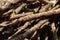 Closeup shot of an organized pile of wooden sticks