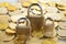 Closeup shot of padlocks on a pile of coins - secure banking concept