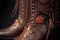 A closeup shot of a pair of brown fancy leather boots with ornaments