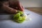 Closeup shot of a person cutting green scallions