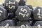 Closeup shot of a pile of 15-pound dumbbells