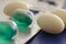 Closeup shot of pills and medications. capsules. ovules