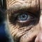 Closeup shot portrays haunting gaze of an aged man, his eye reflecting hardships he has endured and quiet dignity