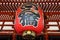 Closeup shot of the red giant lantern hanging at the gate of Sensoji temple in Asakusa, Tokyo, Japan