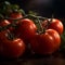 Closeup shot of ripe red tomatoes with water droplets, AI-gerenated.