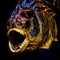 Closeup shot of a scary faced piranha fish on a dark background