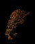 Closeup shot of scattered roasted coffee beans isolated on a black background