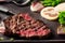 Closeup shot of a sliced delicious gourmet medium rare steak