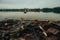 Closeup shot of small anchovy fish and trash washed up on a lake shore