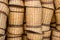 Closeup shot of stacks of empty wicker baskets at a market