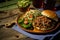 Closeup shot of a tasty hamburger served on a plate with cherry tomatoes on a table