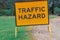 Closeup shot of traffic hazard sign on a road