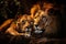 Closeup shot of two majestic lions cuddling in a dimly lit setting, AI-generated.