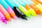 Closeup shot of various colored pens and markers showcasing creativity organization and writing tools