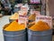 Closeup shot of various spices being sold in the Moroccan bazaar