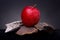 Closeup shot of a vibrant bright red apple on small pieces of rock against a black background