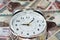 Closeup shot of a white alarm clock on a pile of Egyptian banknotes-time is money concept