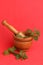 Closeup shot of a wooden herb grinder with a green nettle leaves on a red background