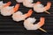 Closeup shrimp skewers on grill