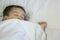 Closeup sick child sleep on hospital bed textured background