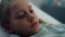 Closeup sick girl lying in hospital bed alone. Bored kid rest in emergency room.