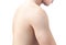 Closeup side view shoulder and back of body man on white background, health care and medical concept