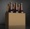 Closeup of a Six brown beer bottles in cardboard box. 3D render, studio light, dark gray spot background.