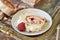 Closeup of a slice of freshly baked delicious strawberry cake