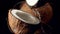 Closeup slow motion video of coconut milk slowly flowing out of broken coconut against black background. Perfect