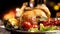 Closeup slow motion video of freshly baked turkey on Christmas dining table against burning fireplace and glowing lights