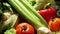 Closeup slow motion video of water droplets falling on fresh tasty vegetables on kitchen table. Concept of healthy