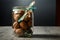 Closeup small clear glass jar filled with many dried whole greek walnuts