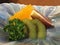 Closeup of small fruit platter with kiwi fruit, orange and passion fruit