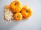 Closeup on small pumpkins and seeds on table