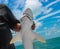Closeup of small shark held by fisherman on deep sea fishing boat