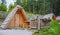 Closeup of a small wooden cabin at Hija Glamping Lake Bloke in Nova Vas, Slovenia