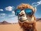 closeup of smiling camel with glasses in desert