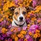 Closeup smiling dog among the flowers,AI generated