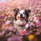 Closeup smiling dog among the flowers,AI generated