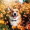 Closeup smiling dog among the flowers,AI generated