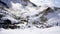 Closeup snow stone and stream in the mist Panorama Noboribetsu o