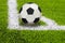 Closeup soccer ball placed on a corner line