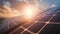 A closeup of a solar panel on a rooftop with the suns rays shining directly onto it. The panel is surrounded by other