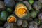 Closeup of souari nut bunch, or Pequi in Portuguese, at the market stall