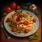 Closeup of spaghetti with cherry tomatoes and basil. Italian food. Italian cuisine. Home made food. Symbolic image. Concept for a
