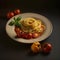 Closeup of spaghetti with cherry tomatoes sauce and basil. Italian food. Italian cuisine. Home made food. Symbolic image. Concept