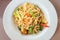 Closeup Spaghetti with Shrimp on white plate . Italian food