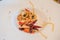 Closeup Spaghetti on white plate . Italian style food