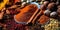 Closeup of spices and foods. Dried cinnamon, pepper, paprika, coffee. Colorful cooking aromas.