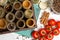 Closeup spices and herbs jars. Food, cuisine ingredients. Wooden box.